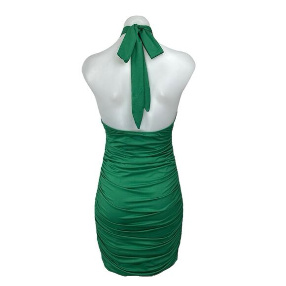 Princess Polly Green Ruched Sleeveless Keyhole Halter Tie Mini Bodycon Dress 8 - Picture 2 of 4